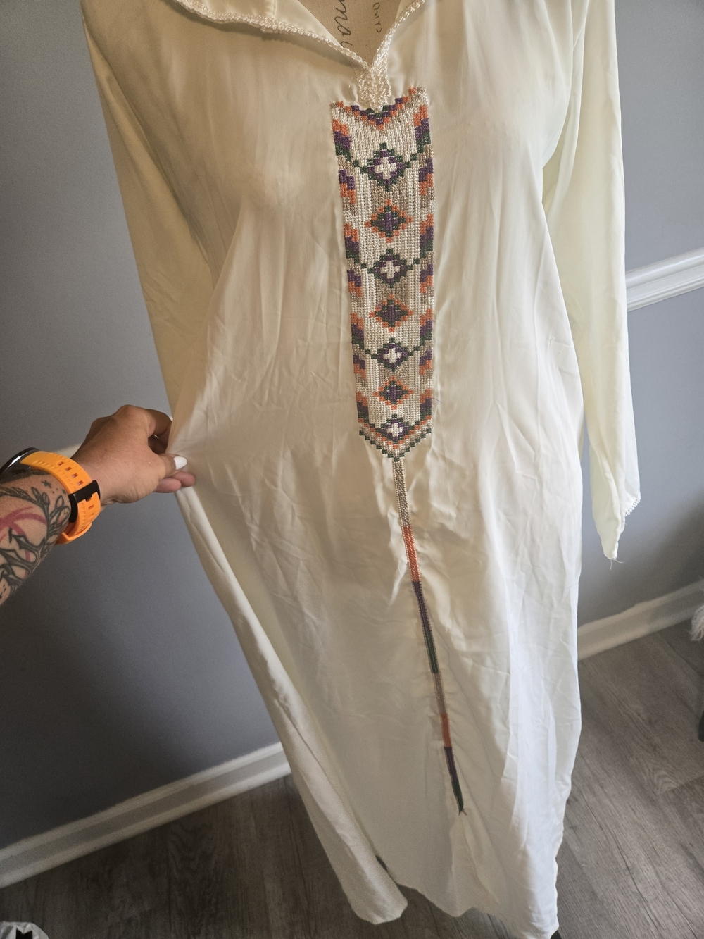 Hooded Embroidered Maxi Dress - Ivory with Multicolor Trim - Picture 2 of 7